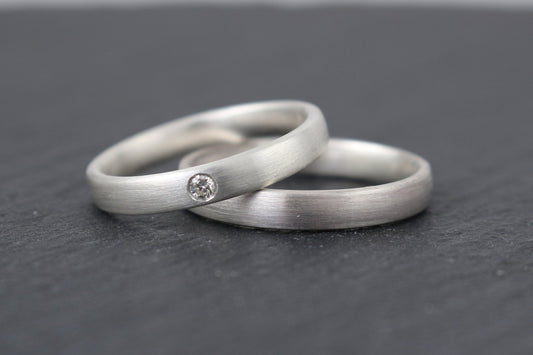 Silber Eheringe (925) | 3mm Silber mit Brillant | schlicht, gerundet, abgerundet, klassisch, schmal, gewölbt - Goldschmiede Miret