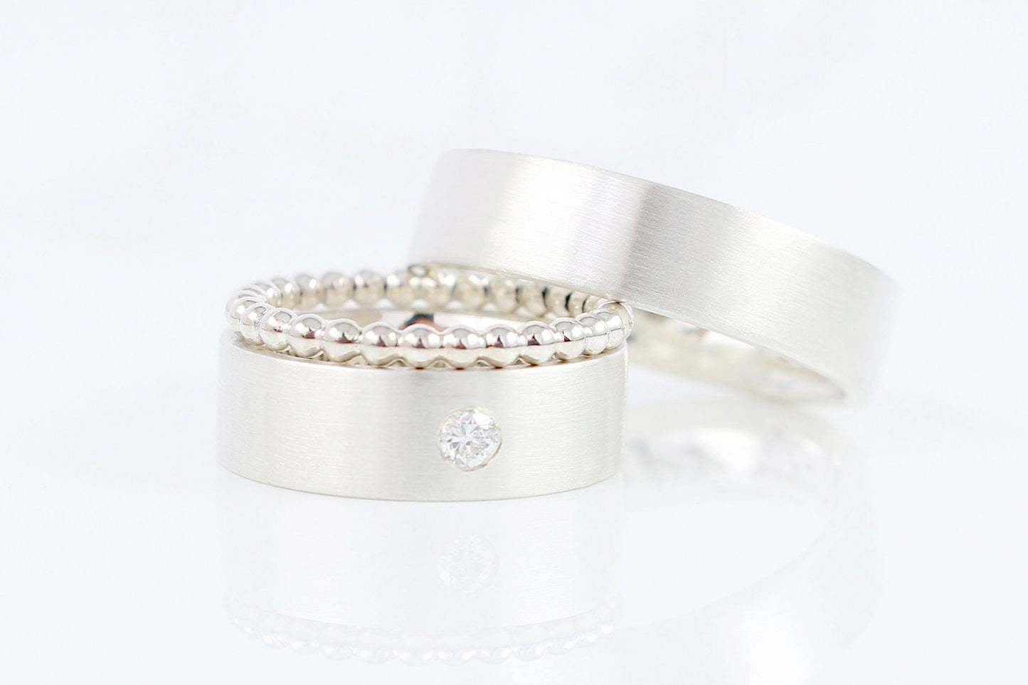 Silber Eheringe (925) | mit Brillant und Vorsteckring | breit, gerade, schlicht, kantig - Goldschmiede Miret